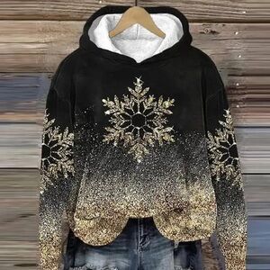 NEW WOMENS PLUS 3X HOODED LONG SLEEVE TOP POLYESTER BLACK & Beige SNOWFLAKES